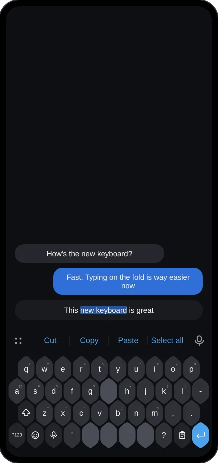 Text selected using the space bar, with Cut, Copy, Paste and Select all in the top bar